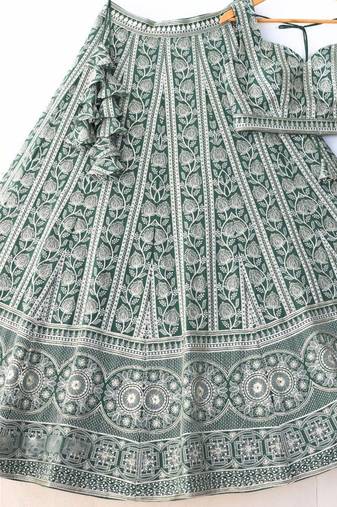 Dark Green Faux Georgette  Embroidered Lehenga Choli