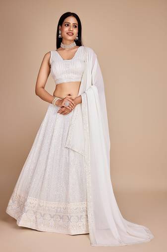 White Faux Georgette  Embroidered Sequins Work Lehenga Choli