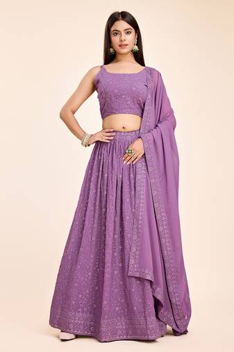 Purple Faux Georgette Embroidered Trendy Lehenga Choli
