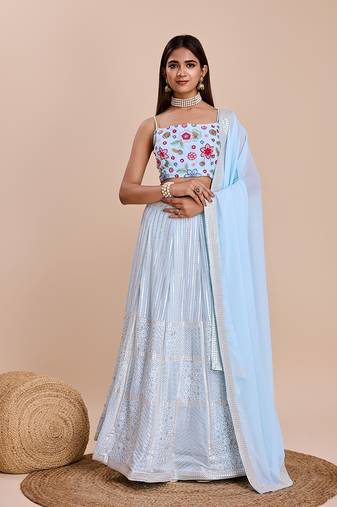 Sequins Faux Georgette Lehenga Choli in Sky Blue