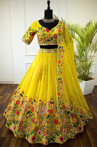 Georgette Embroidered Yellow Designer Lehenga Choli