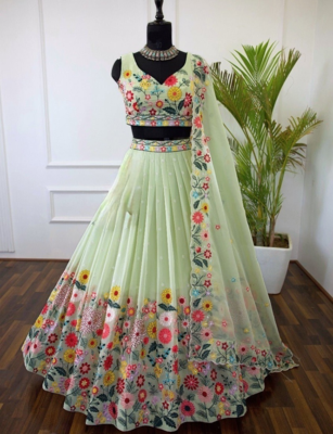 Georgette Embroidered Light Green Lehenga Choli 1