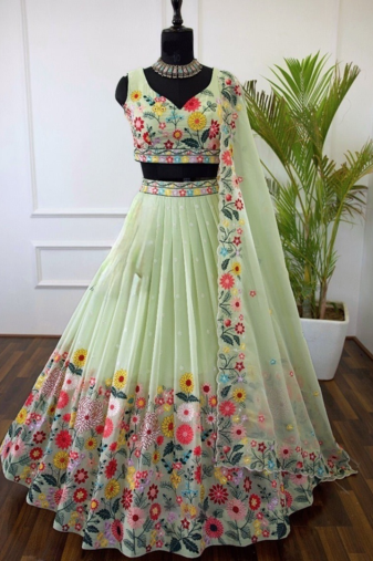 Georgette Embroidered Light Green Designer Lehenga Choli