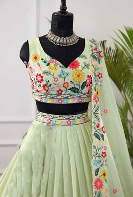 Georgette Embroidered Light Green Lehenga Choli 3