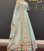 Sky Blue Embroidered Faux Georgette Designer Lehenga Choli