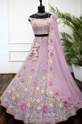 Light Purple Embroidered Faux Georgette Lehenga Choli