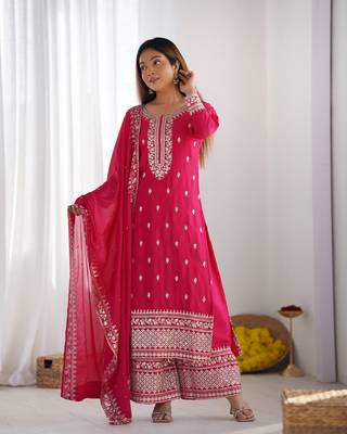 PINK Chinnon Silk Embroidery Work Full Sleeve Fully Stitched Ready To Wear Kurti Set 1