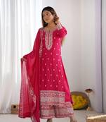 PINK Chinnon Silk Embroidery Work Full Sleeve Fully Stitched Ready To Wear Kurti Set