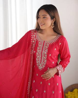 PINK Chinnon Silk Embroidery Work Full Sleeve Fully Stitched Ready To Wear Kurti Set 2