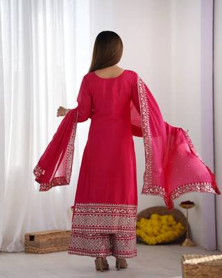PINK Chinnon Silk Embroidery Work Full Sleeve Fully Stitched Ready To Wear Kurti Set 3