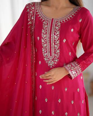 PINK Chinnon Silk Embroidery Work Full Sleeve Fully Stitched Ready To Wear Kurti Set 4