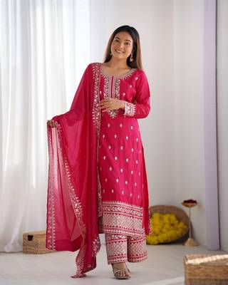 PINK Chinnon Silk Embroidery Work Full Sleeve Fully Stitched Ready To Wear Kurti Set 5