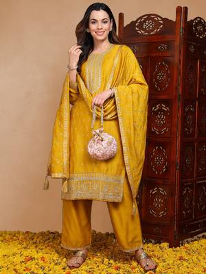 women mustard silk blend solid embroidered straight kurta palazzo with dupatta 7