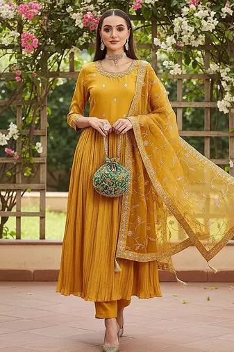 Yellow Silk Blend Zari Embroidered Kurta set