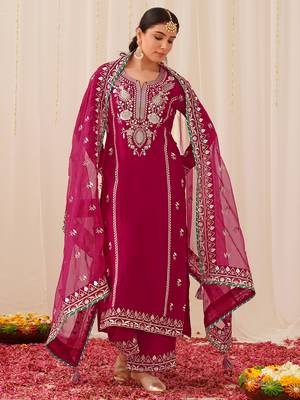 women pink silk blend solid yoke design straight kurta palazzo with dupatta 1
