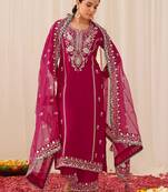 women pink silk blend solid yoke design straight kurta palazzo with dupatta