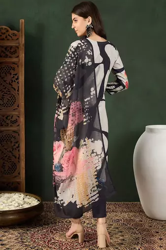 women black rayon blend floral printed straight kurta trouser with dupatta