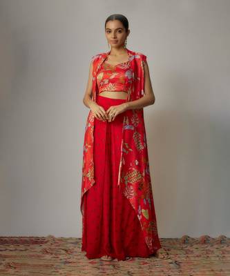 Red viscose hand embroidered & printed cape set 1