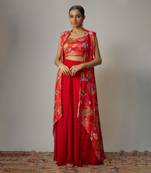 Red viscose hand embroidered & printed cape set