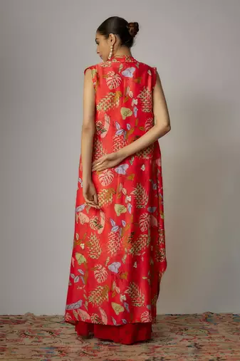 Red viscose hand embroidered & printed cape set