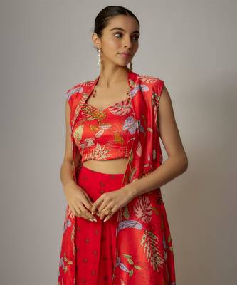 Red viscose hand embroidered & printed cape set 3
