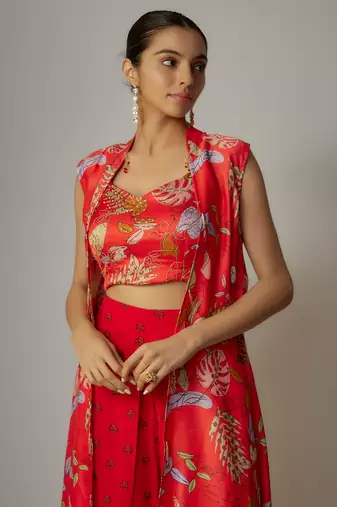 Red viscose hand embroidered & printed cape set