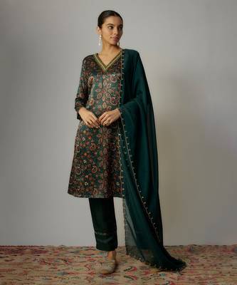 Teal green satin hand embroidered angrakha kurta set 1