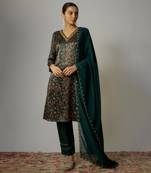 Teal green satin hand embroidered angrakha kurta set
