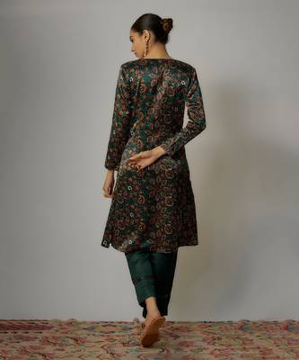 Teal green satin hand embroidered angrakha kurta set 2