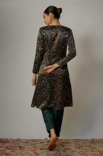 Teal green satin hand embroidered angrakha kurta set
