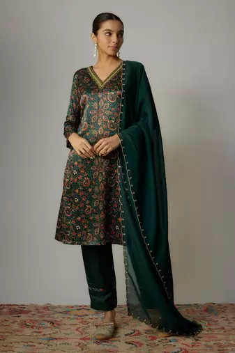 Teal green satin hand embroidered angrakha kurta set