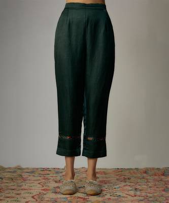 Teal green satin hand embroidered angrakha kurta set 4