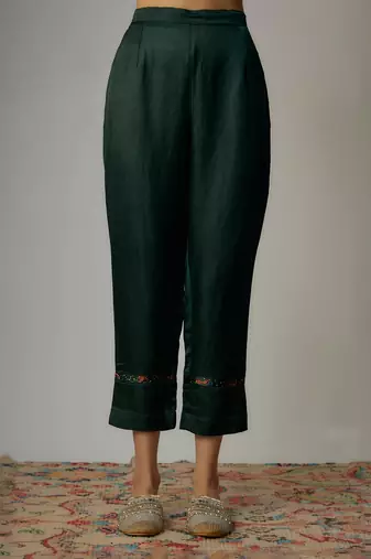 Teal green satin hand embroidered angrakha kurta set