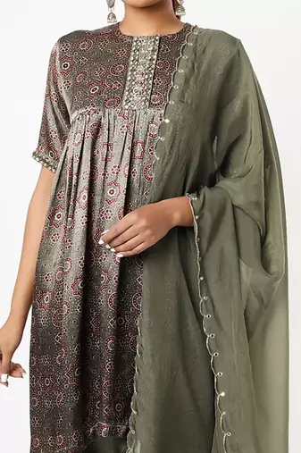Olive green printed kurta set
