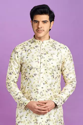 yellow digital print  on semi cotton straight kurta churidar without lining fabric