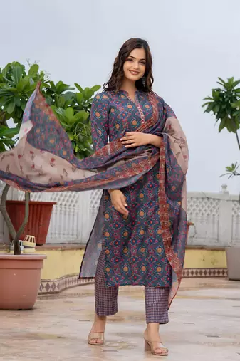 women blue poly rayon floral printed straight kurta trouser with dupatta