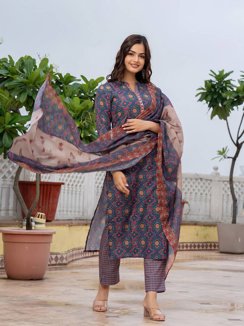 women blue poly rayon floral printed straight kurta trouser with dupatta