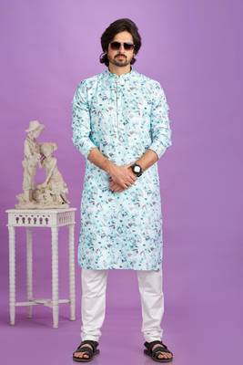 blue  digital print  on semi cotton straight kurta churidar without lining fabric 2