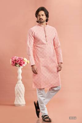 pink digital print on cotton fabric with thread work straight kurta churidar for men 1