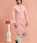 Pink digital print on cotton fabric with thread work straight kurta for men