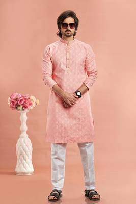 pink digital print on cotton fabric with thread work straight kurta churidar for men 2