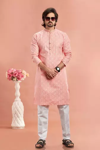 pink digital print on cotton fabric with thread work straight kurta churidar for men