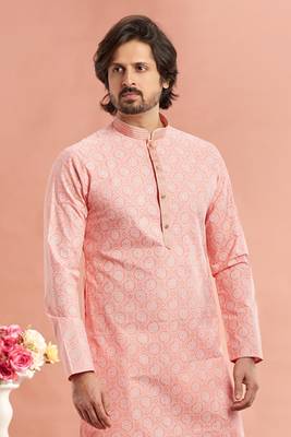 pink digital print on cotton fabric with thread work straight kurta churidar for men 3