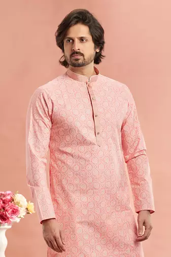 pink digital print on cotton fabric with thread work straight kurta churidar for men