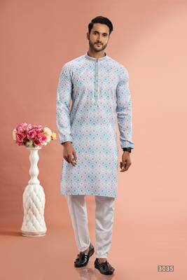 multi colour digital print on cotton fabric with thread work straight kurta churidar for men 1