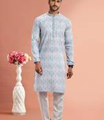 multi colour digital print on cotton fabric with thread work straight kurta churidar for men