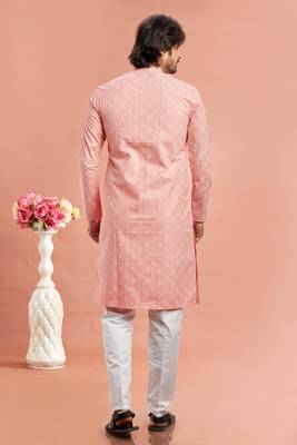 pink digital print on cotton fabric with thread work straight kurta churidar for men 4