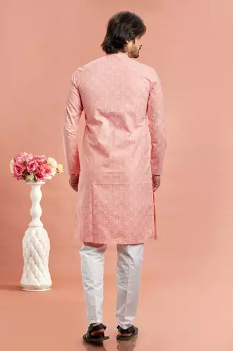 pink digital print on cotton fabric with thread work straight kurta churidar for men