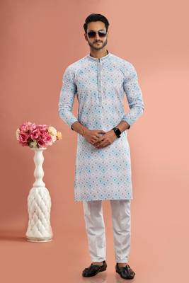 multi colour digital print on cotton fabric with thread work straight kurta churidar for men 2