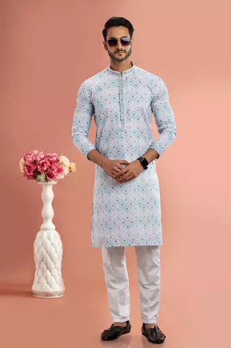 multi colour digital print on cotton fabric with thread work straight kurta churidar for men